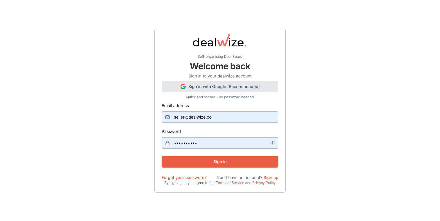 Figure 1: Dealwize sign-in screen with one-click Google OAuth and email credentials