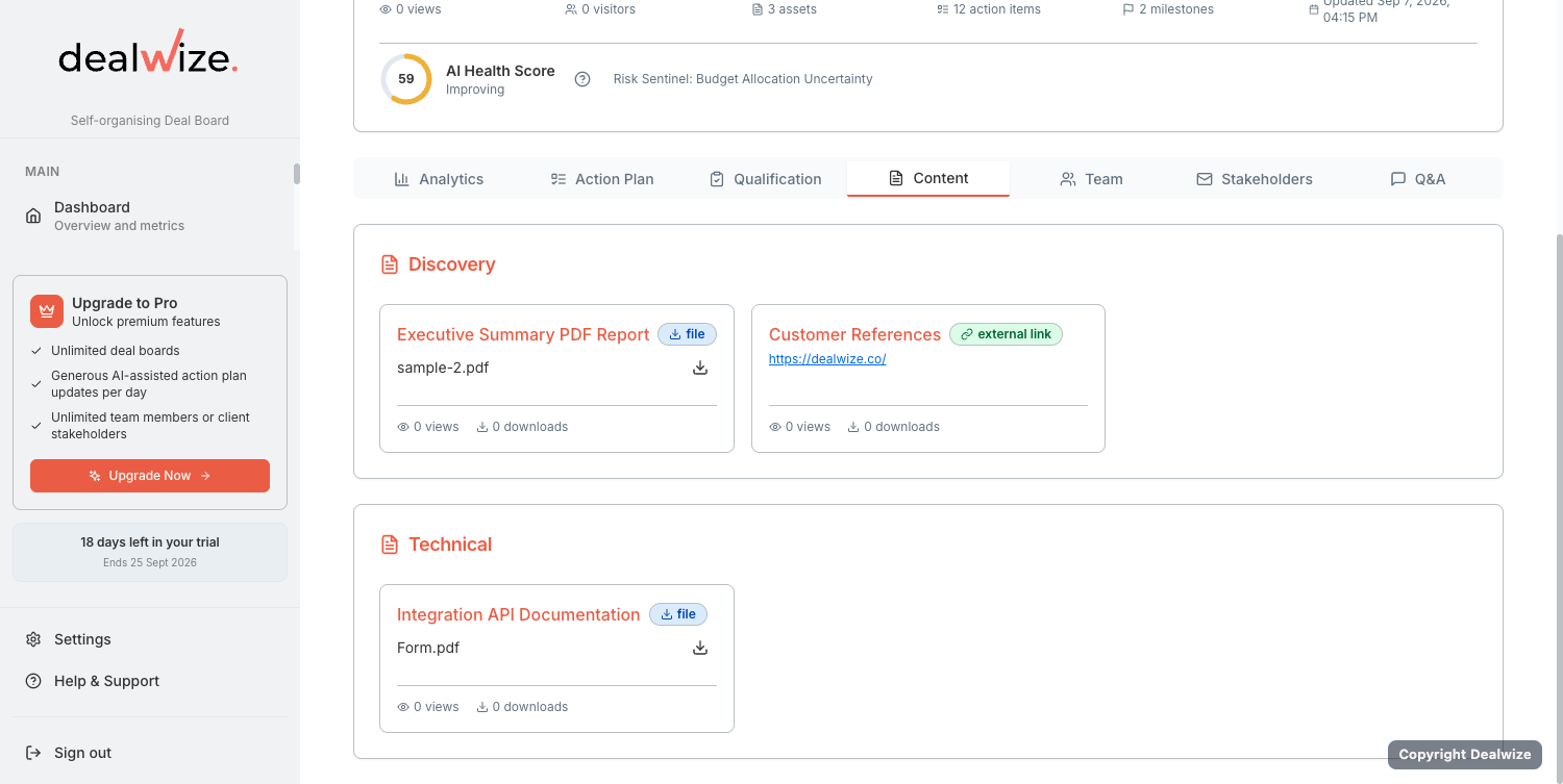 Figure 1: Deal Board content repository showing categorized sales collateral, in-browser document previews, and download permissions