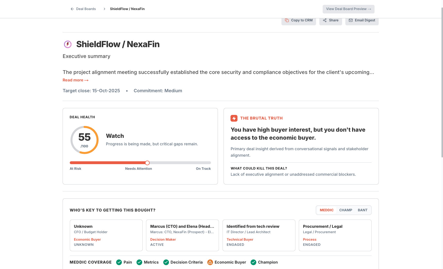 Figure 1: Real-time Deal Health diagnosis generated from a single meeting transcript