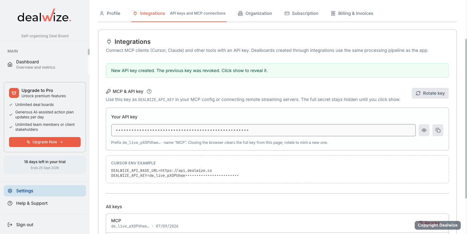 Figure 2: Integrations dashboard showing active MCP API keys, one-time secret revelation, and external AI client connectors